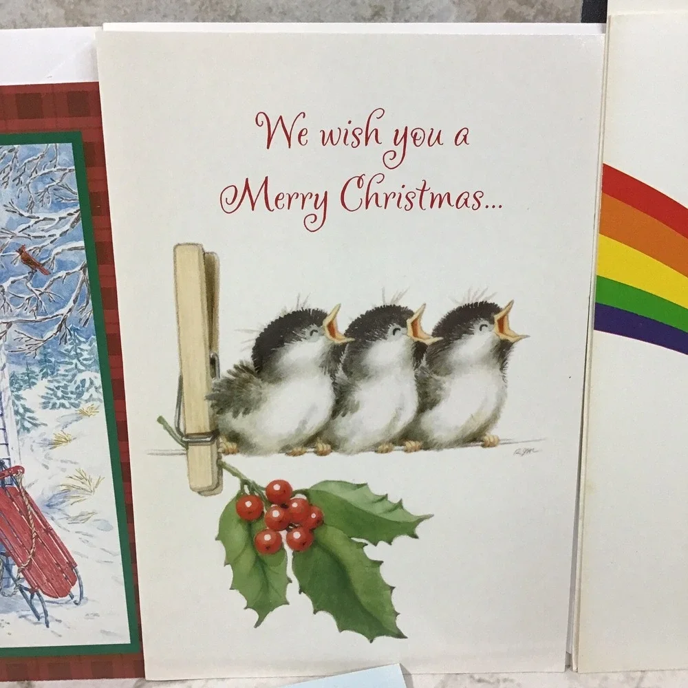 Vintage Holiday Christmas Cards Assorted Lot Of 5 Snowmen Sled Holly Berries